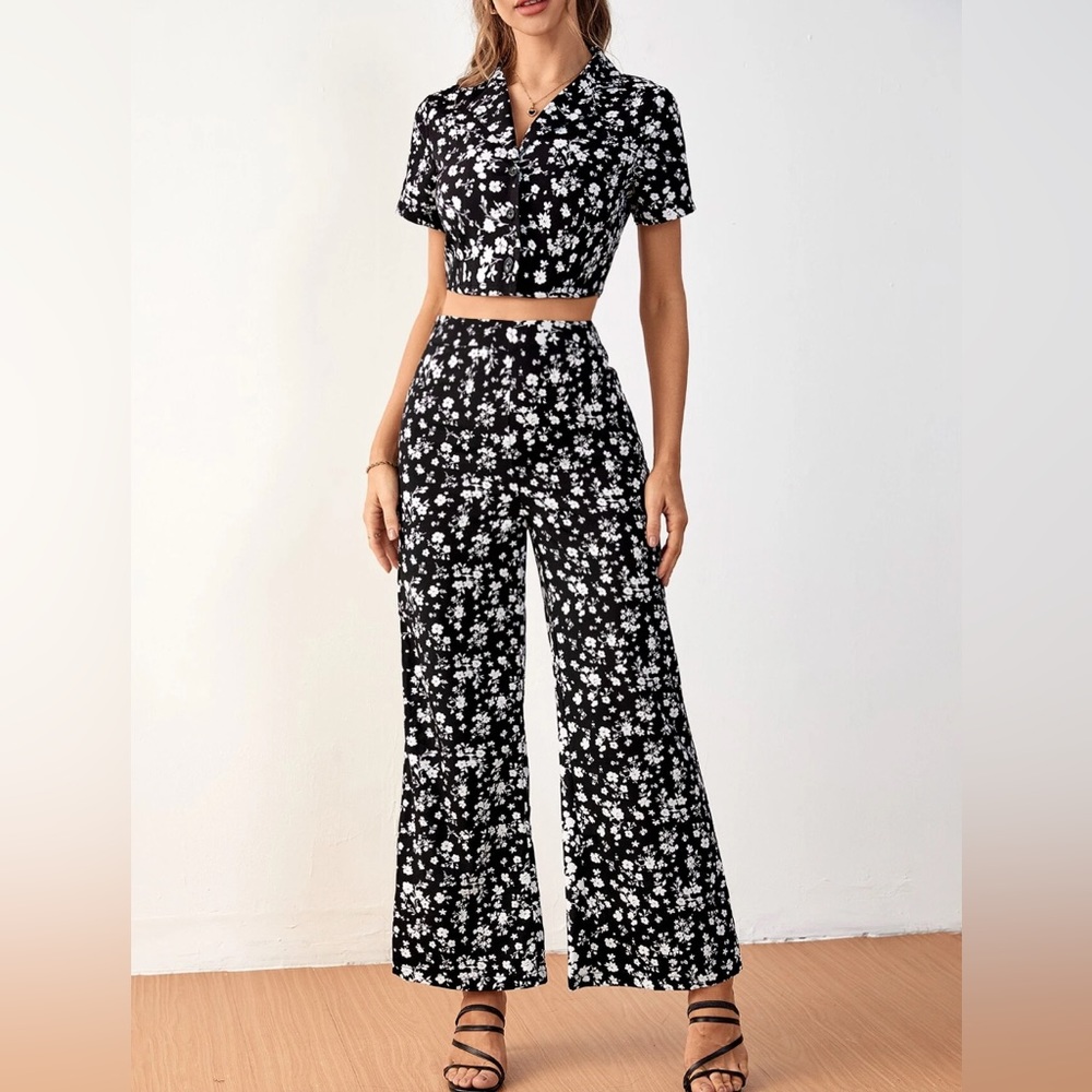 Boho Floral Crop Blouse & Wide Leg Pants
